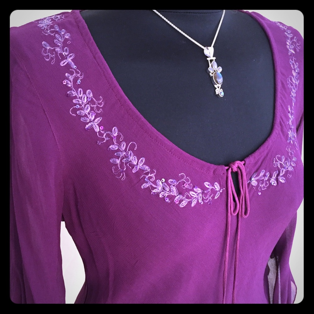 Eggplant Purple Sheer Embroidered Peasant Blouse